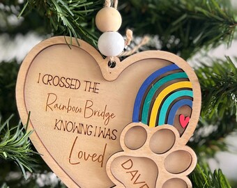 Personalized Pet Memorial Ornament, Rainbow Bridge Heart with Paw Print & Custom Name, Wooden Pet Loss Gift, Dog Cat Remembrance Keepsake
