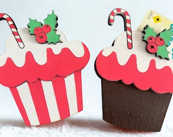 Christmas Cupcake Gift Card Holder, Wooden Holiday Gift Card Holder, Candy Cane & Holly Christmas Decor, Stocking Stuffer Idea
