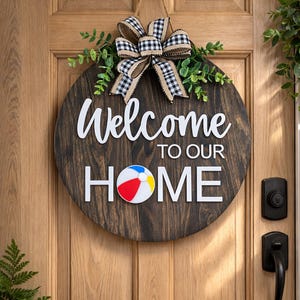 Interchangeable Welcome Door Hanger | Seasonal Front Door Sign with Attachments | Round Wooden Home Sign | Year Round Porch Decor