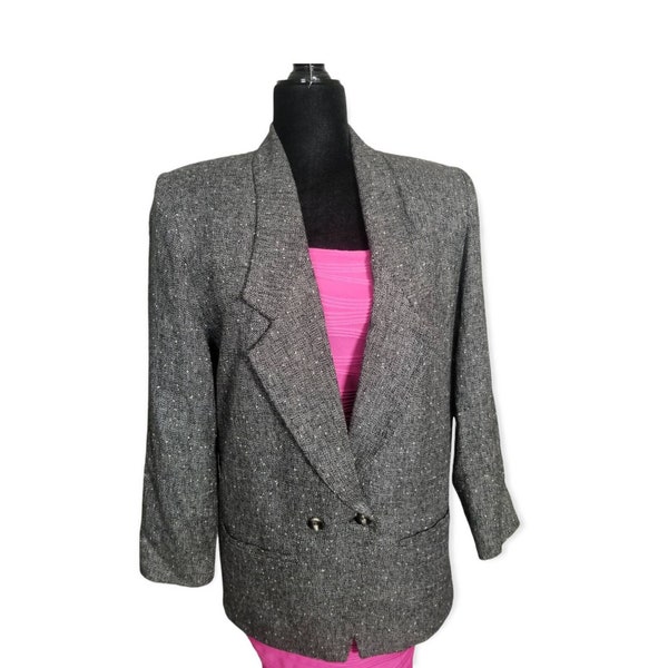 Vintage 80s Speckled Knit Tweed Jacket, Dropped Waist, New Wave, Unisex Women Small