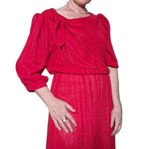 Vintage 80s Red Blouson 3/4 Sleeve Midi Dress, Secretary Disco Women size Small to Medium