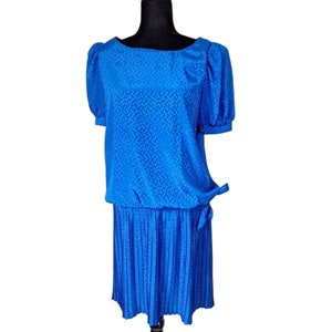 Vintage 80s Blue Dropwaist Puff Sleeve Dress Women Size Small, Polka Dot Embossed New Wave Dress