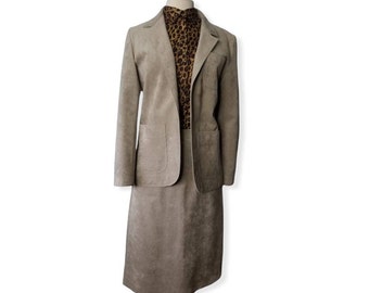 Vintage 70s/80s Beige Vegan Suede Skirt Suit, Minimalist Business Causal, Women Size 10/12 M/L