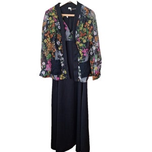Vintage 70s Black Dayglo Floral Maxi Hostess Dress Sheer Jacket Women Size M/L