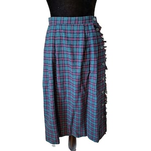 Vintage 70s/80s Blue Green Plaid Below The Knee Skirt, Wool Blnd Side Button Skirt Women Size Medium Waist 29&quot;