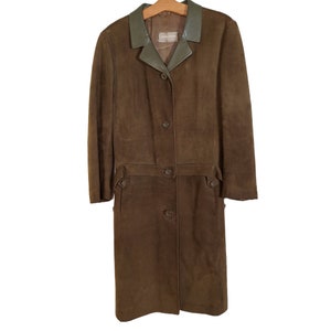 Vintage Olive Green Spanish Suede Leather Coat, Military Inspired Drop Waist Leather Jacket,  Women Medium