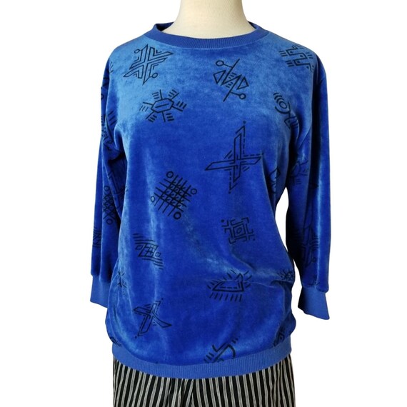 Vintage 80s Pop Art Blue Velour Sweatshirt
