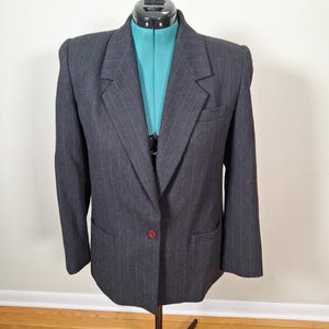 Vintage 80s Black Wool Blnd Pinstripe Blue Fleck Blazer Jacket Women Size 10 Medium New Wave Business Casual