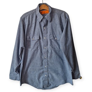 80s Pearl Snap Blue Work Shirt, Mechanic Shirt, Utility, Men Medium, Workwear