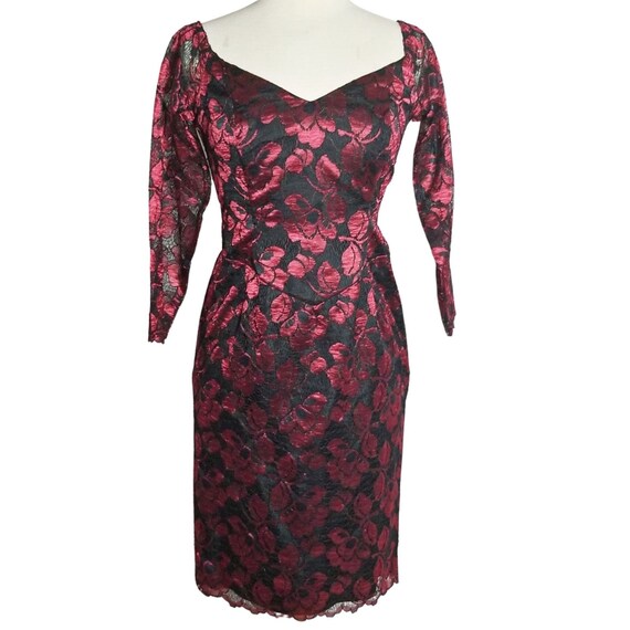 Vintage Red Black Brocade Lace Dress Red Metallic