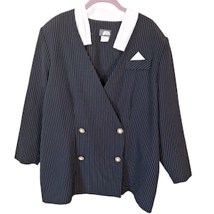 Vintage 80s/90s Black Pinstripe Double Breasted Gold Button Blazer Jacket Size 2X/3X