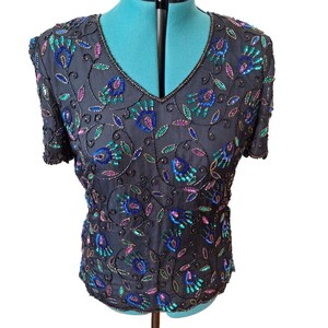 Vintage 80s/90s Papell Boutique Black Silk Beaded Top Blouse Size Large Sequins Glam