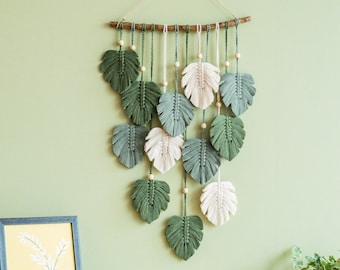 Green Monstera Leaf Wall Hanging, Botanical Wall Art, Housewarming Gift, Monstera Leaves,  Macrame Wall Hanging, Variegated Monstera L02