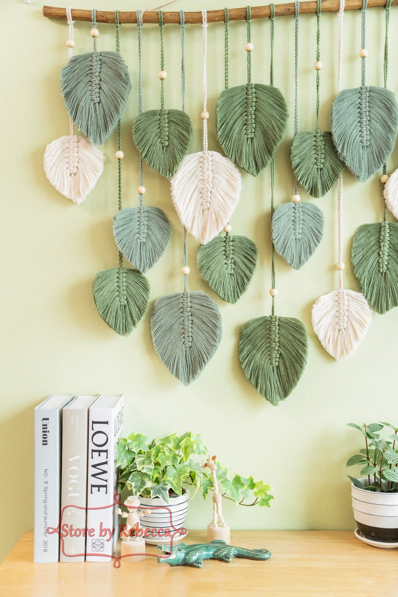 Large Green Leaves Macrame Wall Hanging Variegated Monstera Etsy