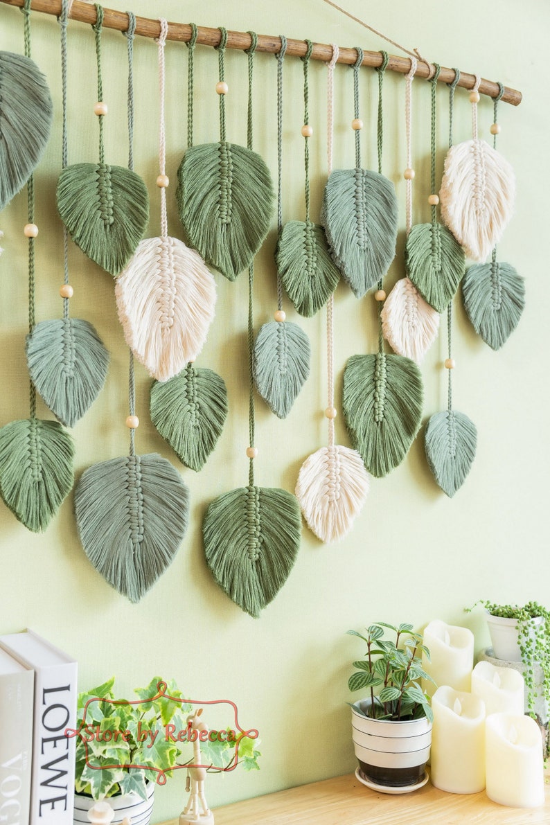 Large Green Leaves Macrame Wall Hanging Variegated Monstera Etsy