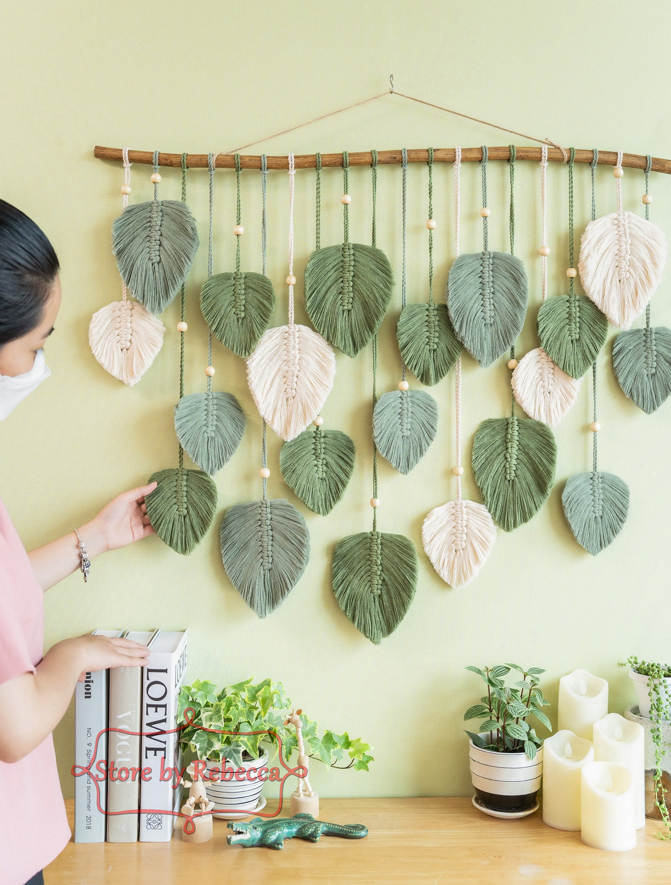 Large Green Leaves Macrame Wall Hanging Variegated Monstera Etsy