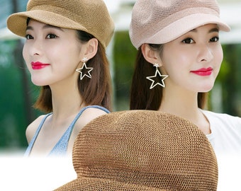 6 Colors Women's Straw Beret Cap Newsboy Cap,Solid Color Hat,Octagonal Cap,Ladies Berets Breathable Mesh Caps,Holiday Gift,Git for her