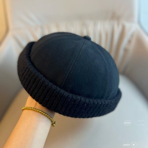 Bonnet docker hiver 6 couleurs tricoté en coton sans rebord, chapeau de marin, casquettes docker rétro à revers roulés, chapeaux de port réglables, unisexe Noir