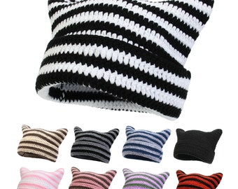 9 Colors Crochet Beanie Striped Hat Cute Cat Ears Casual Warm Hat Female Caps