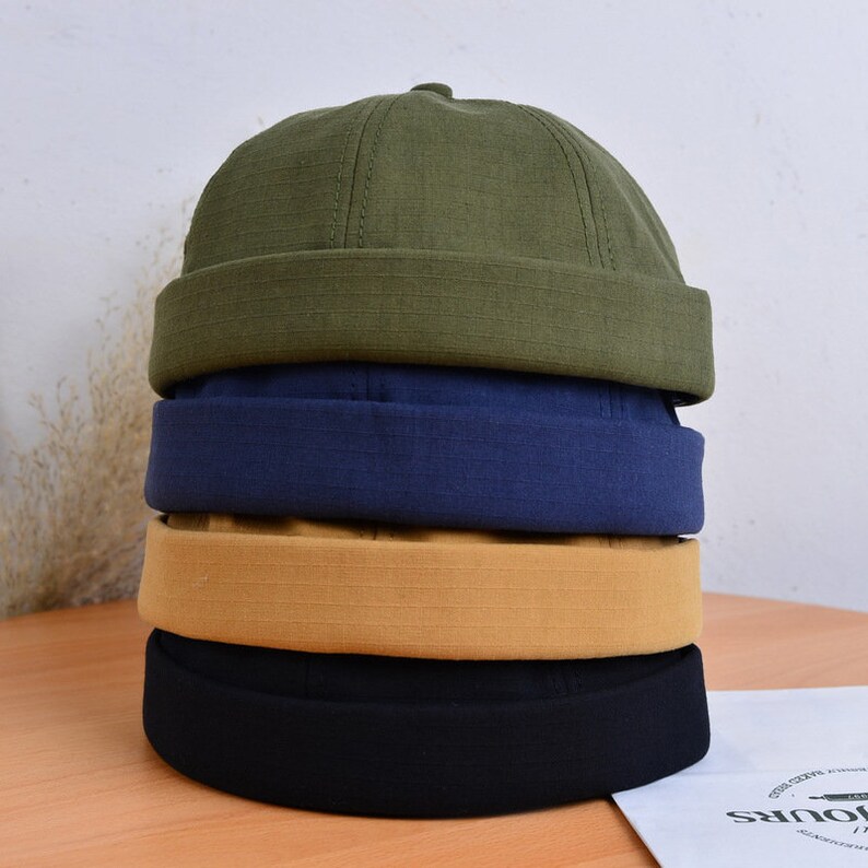 4 Farben Baumwoll-Brimless-Beanie-Docker-Mütze, Matrosenmütze, gerollte Manschette, Retro-Docker-Kappen, verstellbare Hafenmützen, Unisex Bild 2