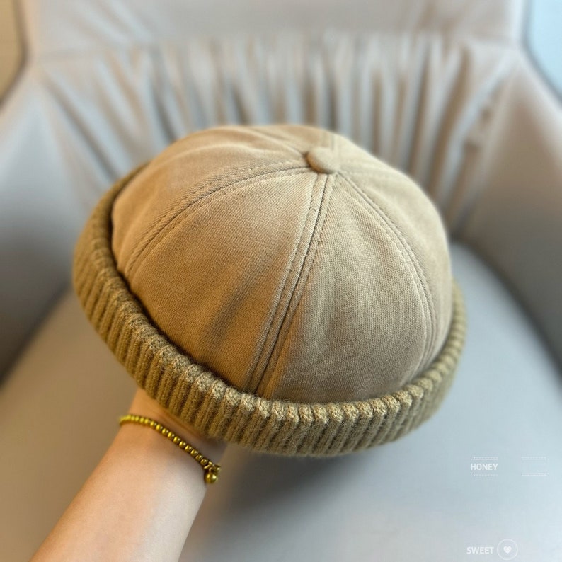 6 kleuren winter gebreide randloze katoenen muts Docker Cap, Sailor Hat, opgerolde manchet Retro Docker Caps, verstelbare havenhoeden, Unisex Khaki