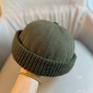 6 Colors Winter Knitted Brimless Cotton Beanie Docker Cap,Sailor Hat,Rolled Cuff Retro Docker Caps,Adjustable Harbour Hats,Unisex Dark Green