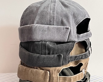 4 Farben Krempenlose Washed Denim Beanie Docker Cap, Seemannsmütze, Retro Docker Caps mit gerollter Manschette, Verstellbare Hafenhüte