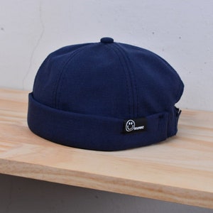 4 Farben Baumwoll-Brimless-Beanie-Docker-Mütze, Matrosenmütze, gerollte Manschette, Retro-Docker-Kappen, verstellbare Hafenmützen, Unisex Navy Blue