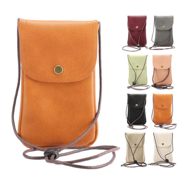 Solid Color Leather Crossbody Phone Bags,Vegan Leather With Adjustable Strap,Women Small Shoulder Bags,Lady Mobile Phone Bag