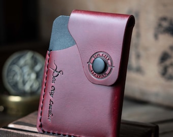 THE NOMAD,   Horween  Cavalier London bus Red and Black Minerva Leather. slim Wallet.