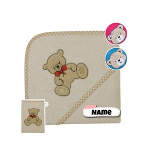 Baby Kapuzenhandtuch mit Name | 80 x 80 cm | SET mit Waschhandlappen Baby personalisiert | Kaputzenhandtuch Kinder mit Namen | Handtuch Baby