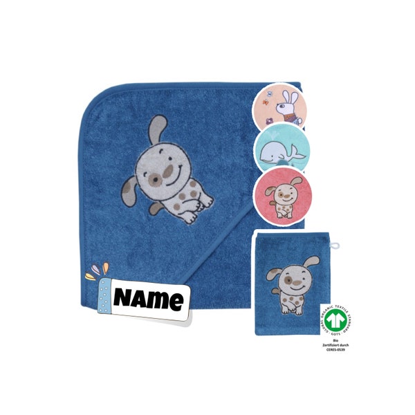 Hooded towel with name washcloth set baby | 100% organic cotton | Baby towel 80 x 80 cm hooded bath towel | personalized with name