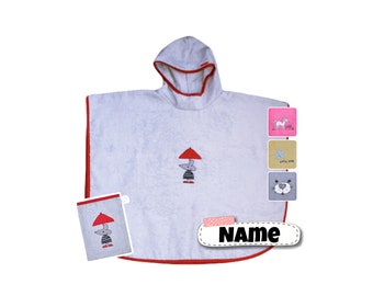 Kinder Poncho mit Name bestickt + Waschlappen bestickt | personalisiert | Baumwolle | mit Namen | Kapuzenhandtuch mit Name Bademantel Kinder