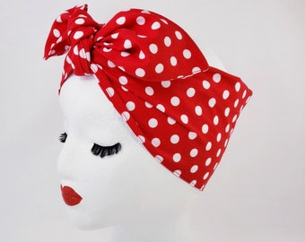 Rosie Wrap 6" Width, Red & White Polka Dot,  Adult Size, Handmade, Rosie The Riveter, Pinup, Rockabilly, Self Tie, Made by River Rosie