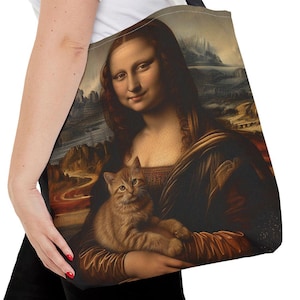 Double-sided Mona Lisa Tote Bag - Cat and Dog Artwork, Carry-All Shopping Bag, Reversible Canvas Purse, Art Lover Gift, Unique Shoulder Bag