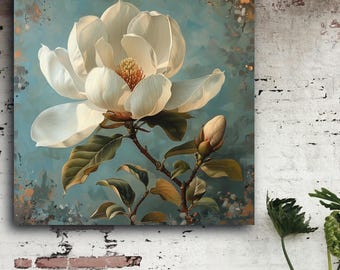 Canvas Art Print, Cream Magnolia Flower Bloom, Soft Blue Cream Abstract Background, Wall Decor, Home Art, Flower Painting, Floral Wall Art,