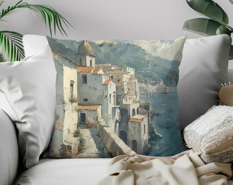 Mediterranean Coastal Village Pillowcase | Scenic Seaside Artwork