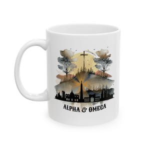 Christian Ceramic Mug, Black Boho Cross Design, ALPHA & OMEGA, Religious Coffee Cup (11oz/15oz)