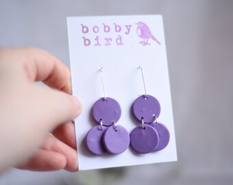 3 Part Purple Circular Handmade Polymer Clay Silver Dangle Earrings
