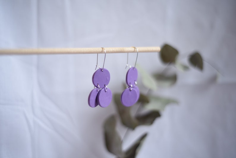 3 Part Purple Circular Handmade Polymer Clay Silver Dangle Earrings