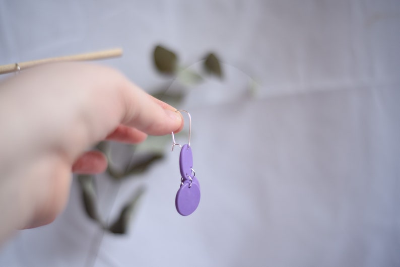 3 Part Purple Circular Handmade Polymer Clay Silver Dangle Earrings