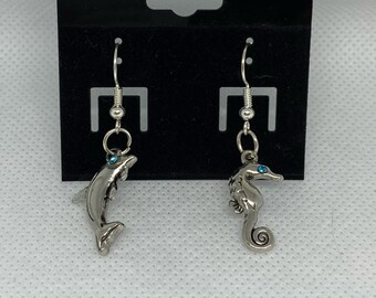 Fun and Funky Dolphin and Sea Horse Mixed Pair Drop Earrings