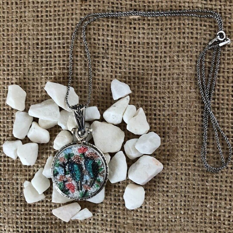Nightingales Micro Mosaic Necklace 925K Silver Pendant