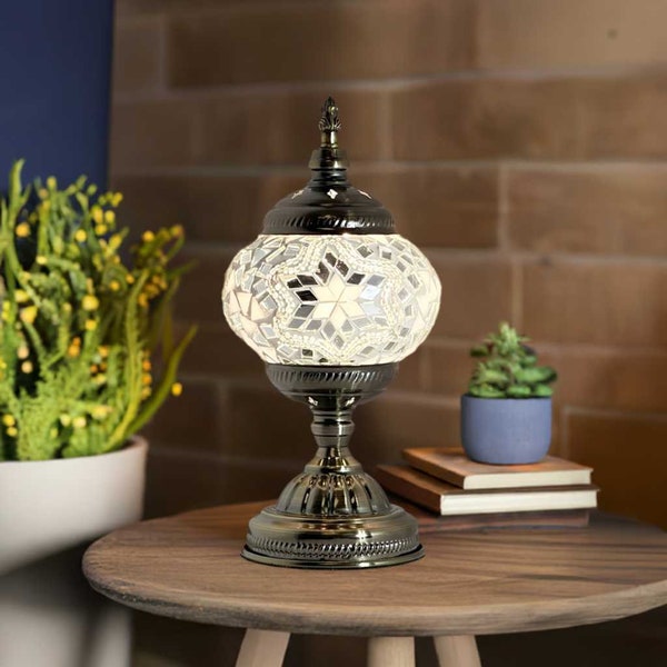 Moroccan Charm: Handmade Silver Flower Mosaic Bedside Lamp | Bestseller