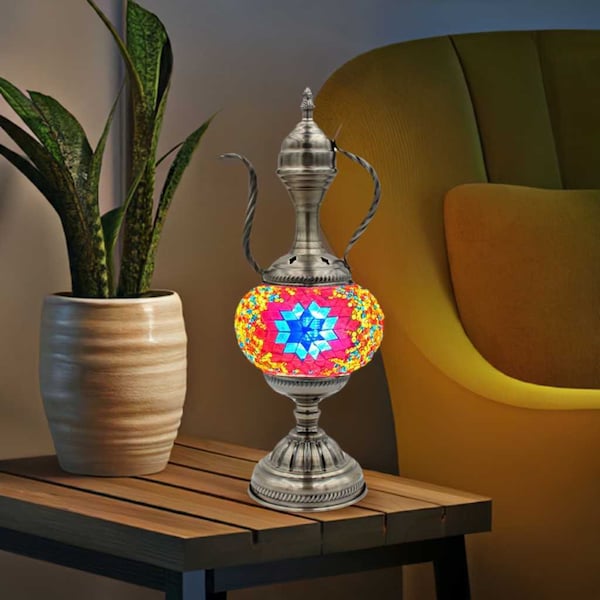 Vintage Elegance: Handmade Red Flower Turkish Mosaic Lamp | Pitcher Design Bestseller