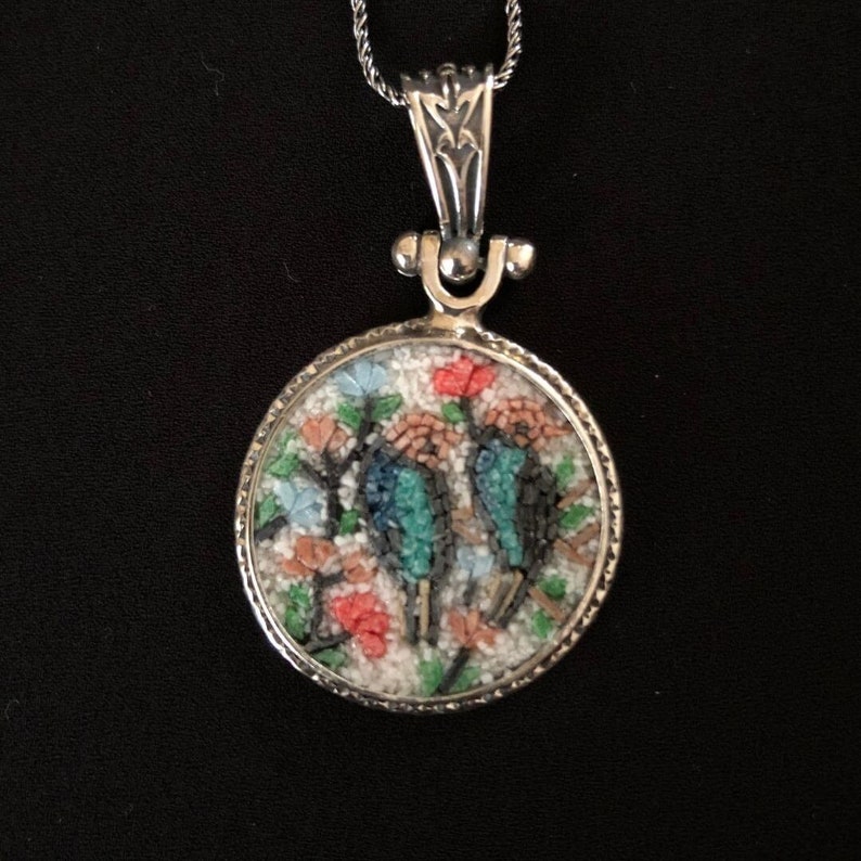 Nightingales Micro Mosaic Necklace 925K Silver Pendant