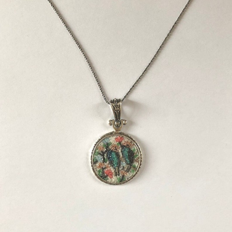 Nightingales Micro Mosaic Necklace 925K Silver Pendant