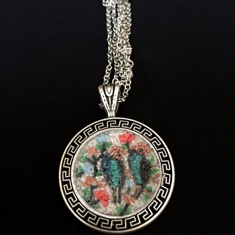 Nightingales Micro Mosaic Necklace 925K Silver Pendant