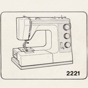 Puede incluir: Dibujo en blanco y negro de una máquina de coser con el texto "INSTRUCTION BOOK" y "Husky sewing machines" sobre un fondo blanco. También se incluye el número de modelo "2221".