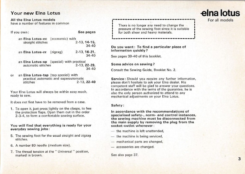 Original Elna Lotus Instruction Manual for EC, ZZ, SP, Tsp Model